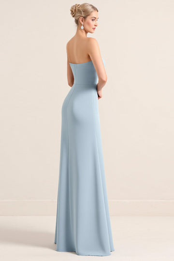 Stretch Satin Dusty Blue Strapless Sheath Long Bridesmaid Dress with Slit